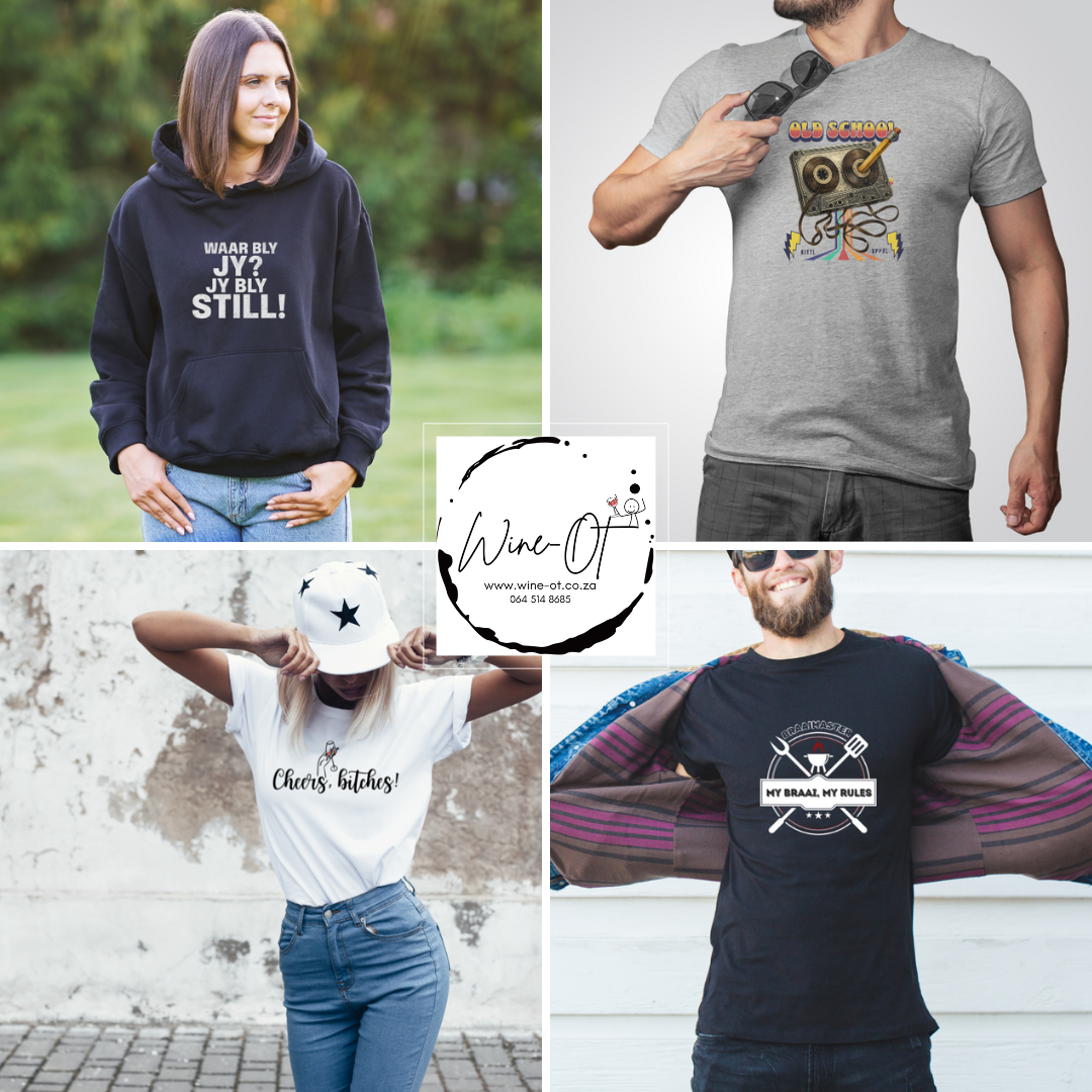 Graphic Apparel with Personality:  T-shirts, hoodies, caps & more — with bold, funny, and proudly South African designs